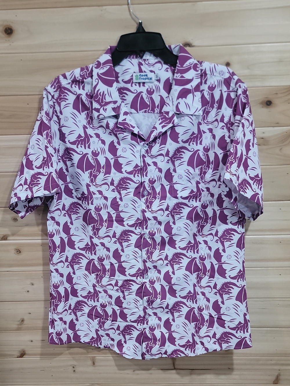 Men’s Short-Sleeve Button-Down Shirt - White With Purple Dragon Print